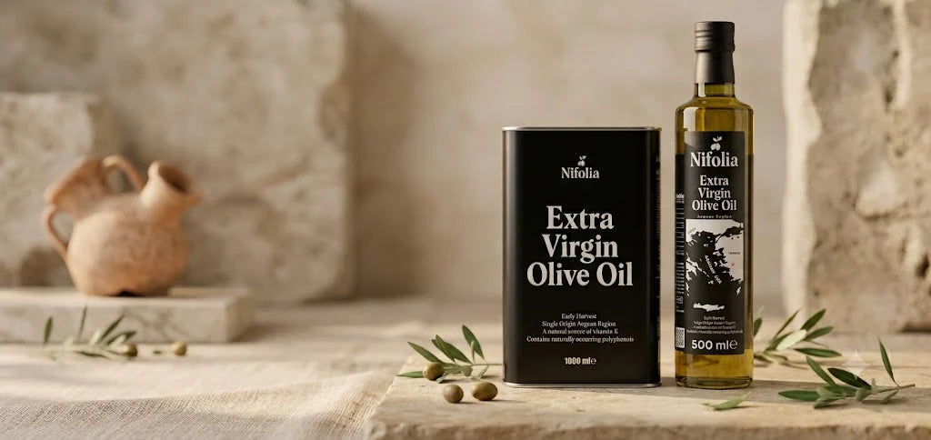 Nifolia extra virgin olive oil tin and bottle on a stone table